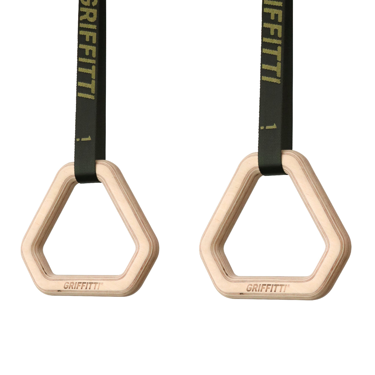 GRIFFITTI Triangel-Turnringe aus Birkenholz mit schwarzen Gurtbändern