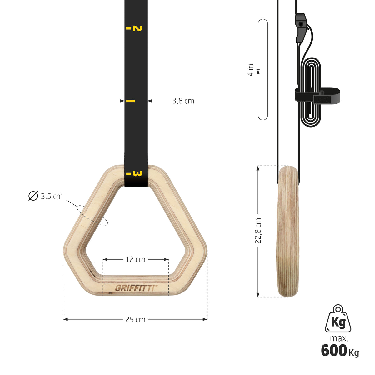 Maße Triangel-Turnring: 25 × 22,8 cm, Griff 3,5 cm Ø, Griffbreite 12 cm, belastbar bis 600 kg