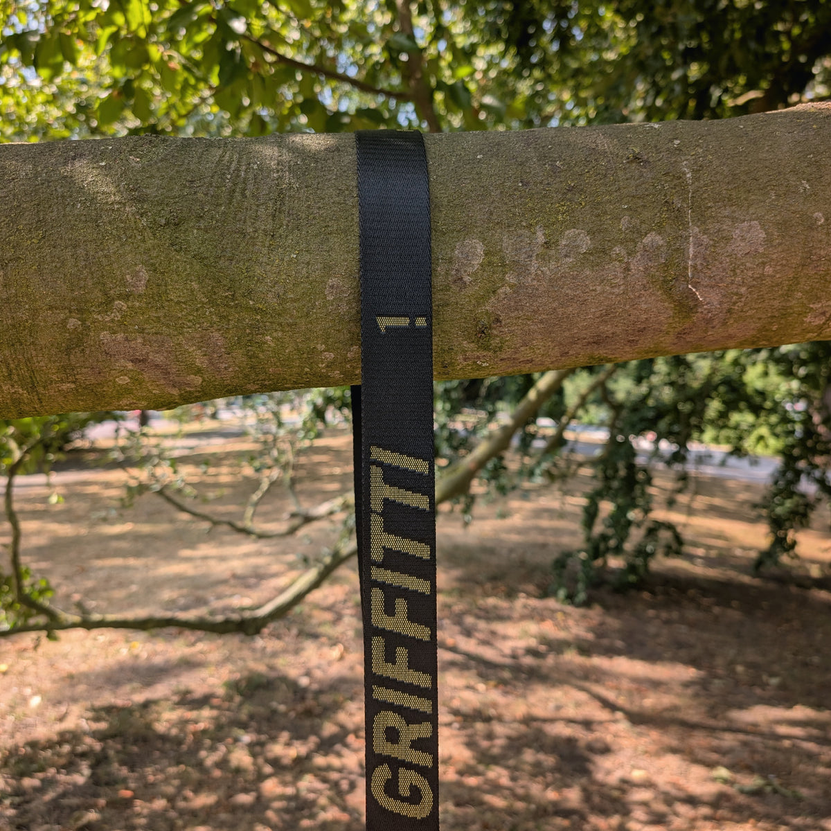 GRIFFITTI Nylon-Gurt liegt als Schlaufe über einem horizontal verlaufenden Ast