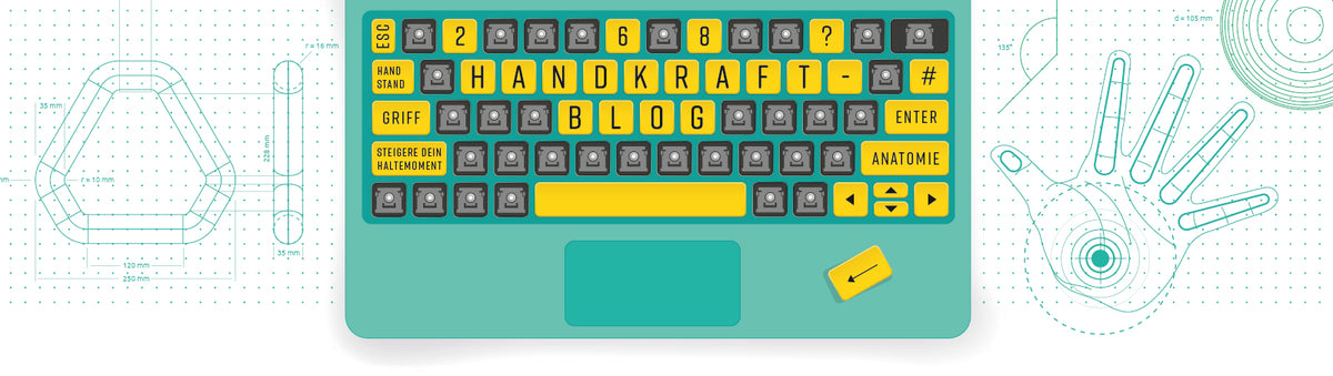 Illustration einer Tastatur mit dem Schriftzug Handkraft-Blog, daneben Skizzen von Turnring und Hand